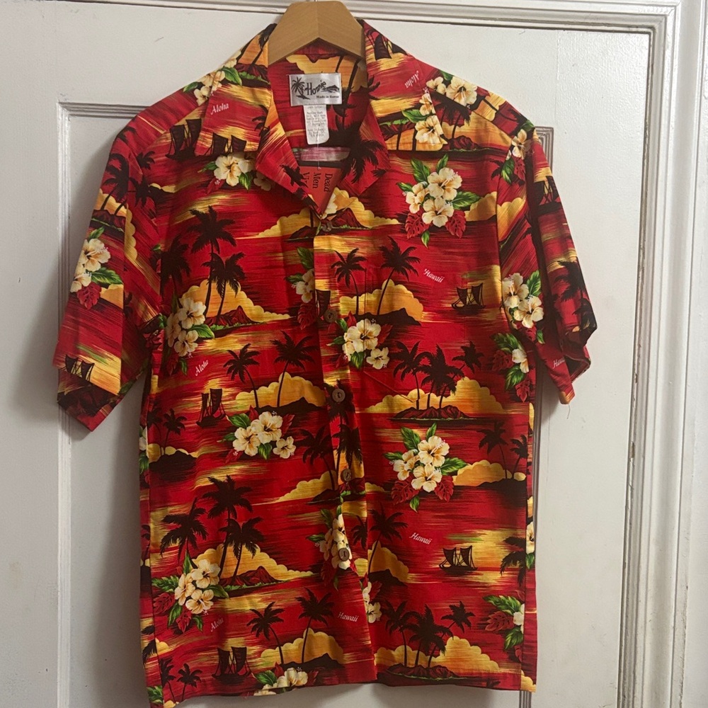 Red Hawaiian Floral Button-Up Polo Shirt